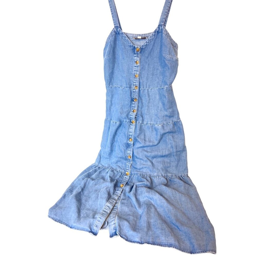 Loft Chambray Denim Dress Tiered Button Front Size 6 Sleeveless Blue